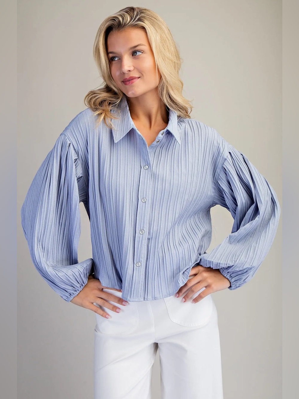 K9500 Bubble Sleeve Button Down Blouse-Blue